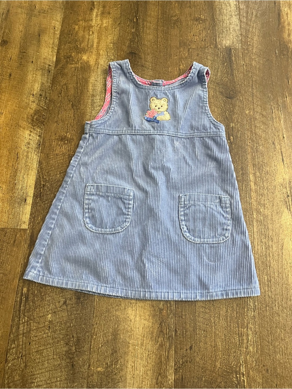 Blue Corduroy Bear Applique Pinafore Dress